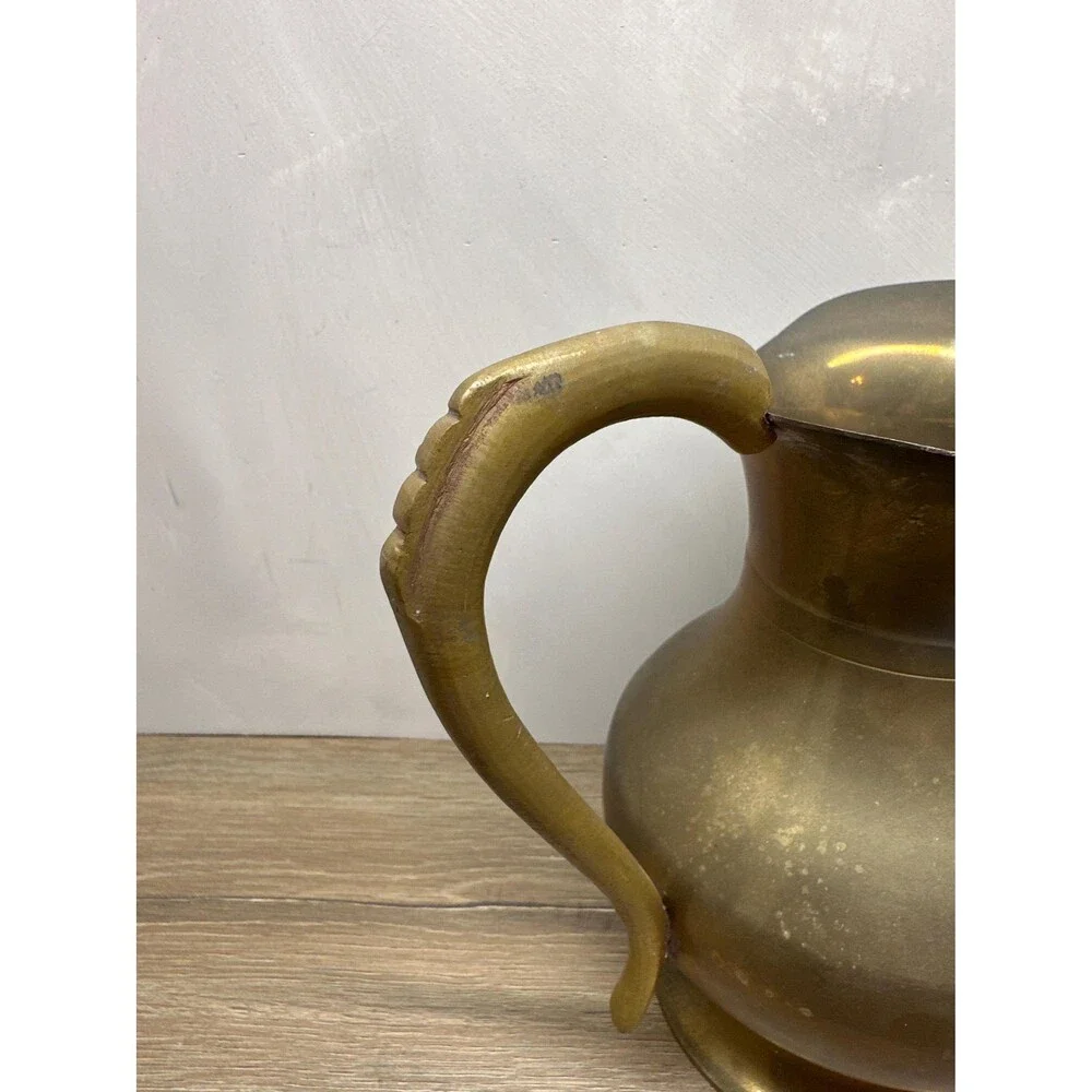 Vintage Aged Solid Brass Pitcher Cast Handle Patina Rustic Decor Vase